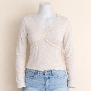 POL Floral Lace Trim Top Cream Cottagecore Long Sleeve Boho Romantic
